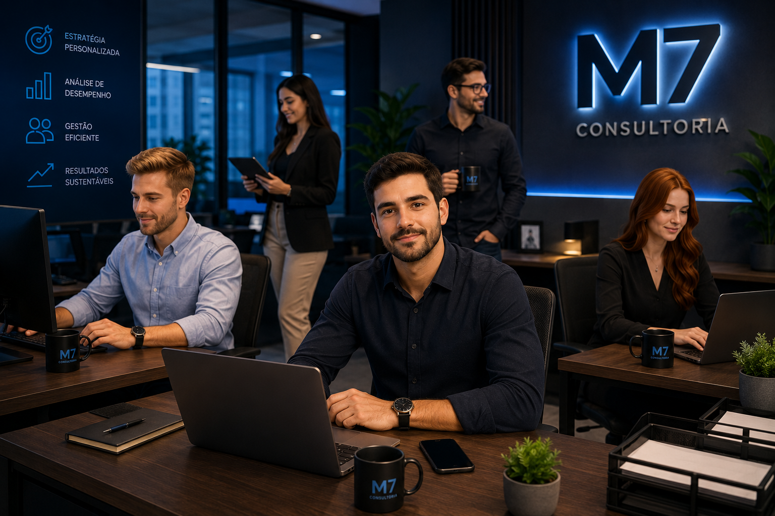 Avatar e cena gerados com IA para a M7 Consultoria